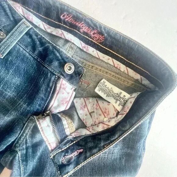 Y2K American Eagle Limited Blue Issue Cropped Jeans Women’s 2 Reg Pink Stitch - Picture 10 of 14